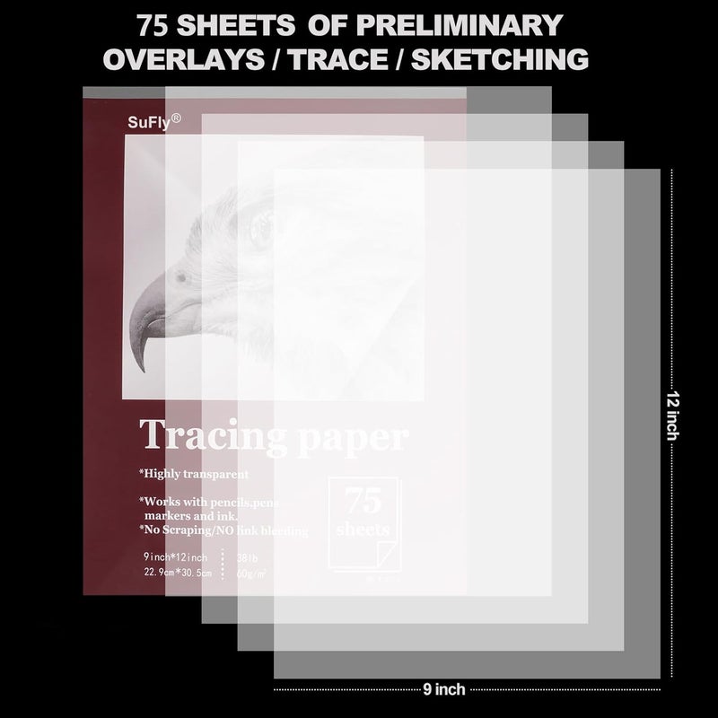 SUNFLY Tracing Paper for Drawing, 9 X 12'' Tracing Paper Pad, 75 Sheets Transparent Vellum Paper for Tracing Pads, 38lb/60gsm Translucent Trace Pad for Pencil Sketching, Image Tracing. - Image 2